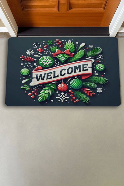 Valerine Life Christmas New Year Balls and Green Leaves Welcome Door Mat 45x70cm
