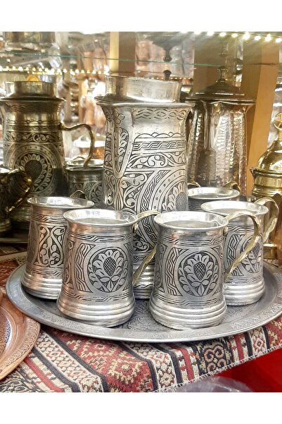 Yıldız çelik bakır oyma lüks kalaylı ayran seti & ikramlık