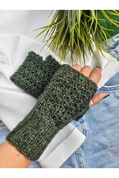 ZeynDesign Trendy Metalik Yeşil Parmaksız Eldiven
