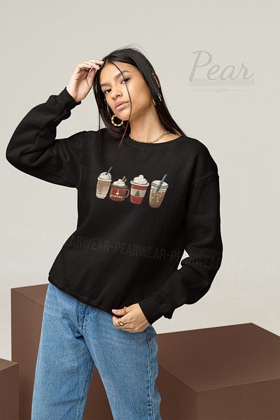 Pear Wear Дамски суитшърт с 3 нишки и повдигнат овърсайз за Нова година с щампа на кафе