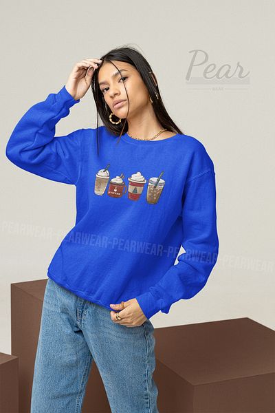 Pear Wear Дамски суитшърт с 3 нишки и повдигнат овърсайз за Нова година с щампа на кафе