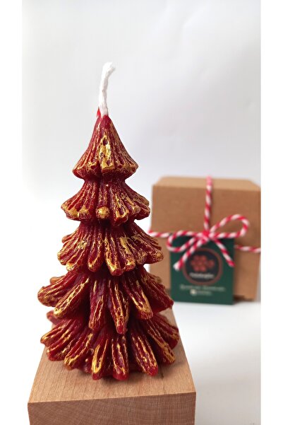 Petekoğlu Doğal Petek Balmumu Mum Kırmızı Altın Simli Çam Ağacı Boy 8.5 Cm Bal Mumu