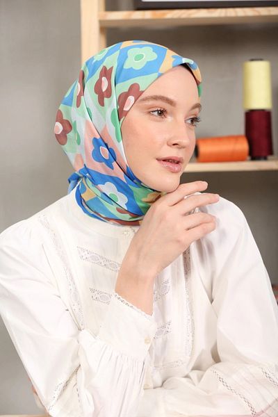 Modakaşmir Eșarfă din bumbac moale cu model de flori albastru
