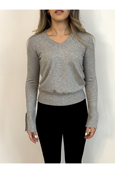 BARLEY Premium Kalite Kol Detaylı V Yaka Viskon Gri Triko