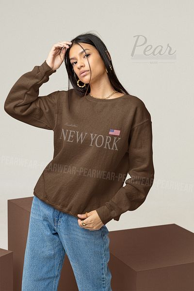 Pear Wear Дамски суитшърт с 3 нишки и повдигнат овърсайз принт от Ню Йорк