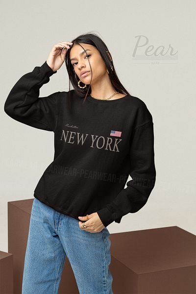 Pear Wear Дамски суитшърт с 3 нишки и повдигнат овърсайз принт от Ню Йорк