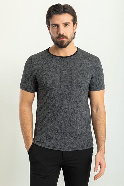 Mcr Patterned Black Slim Fit Crew Neck Men's T-shirt
