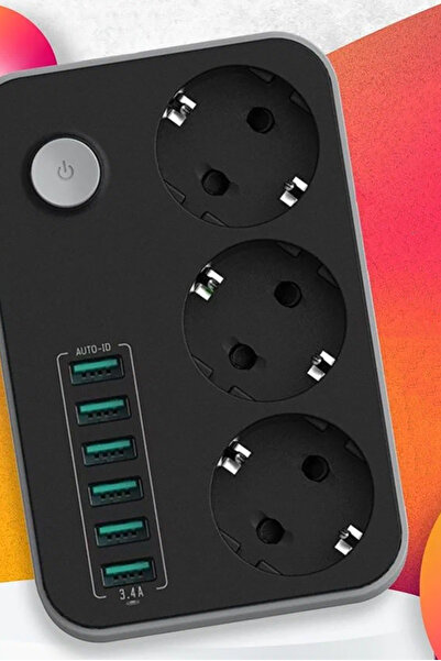 Genel Markalar Portatif Tasarım Akım Korumalı 2 Metre 3 Lü Priz 6 Usb Port Çoklu Şarj Aleti