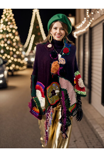 Hippybutik Mor Patchwork Mandala Dantel Motifli Yün El İşi Tasarım Panço