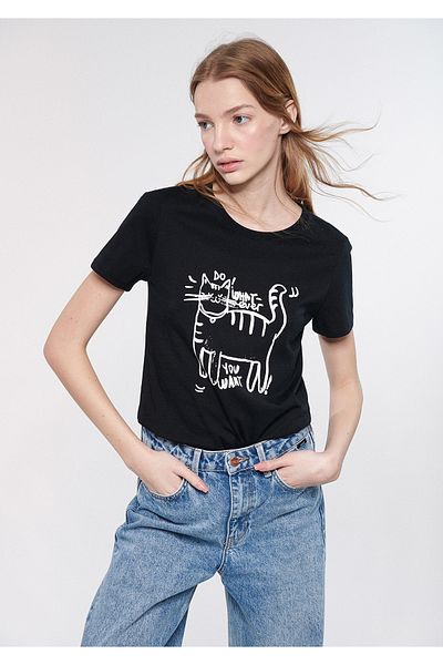 Mavi Cat Printed Black T-Shirt Regular Fit / Normal Cut 1611292-900
