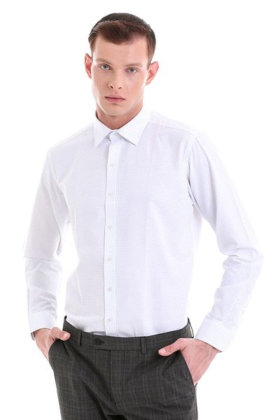 Hatemoğlu Blue Slim Fit Printed Cotton Slim Collar Long Sleeve Classic Shirt