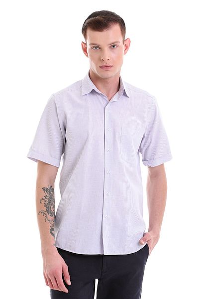 Hatemoğlu Κλασικό πουκάμισο με κοντό μανίκι λιλά Comfort Fit καρό βαμβακερό λεπτό γιακά