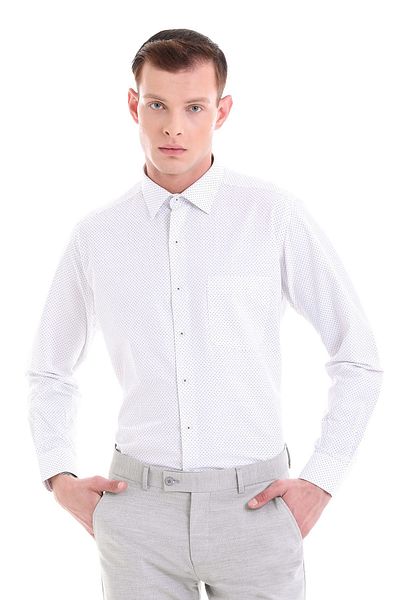 Hatemoğlu Γκρι Classic Fit εμπριμέ βαμβακερό μακρυμάνικο πουκάμισο με λεπτή λαιμόκοψη