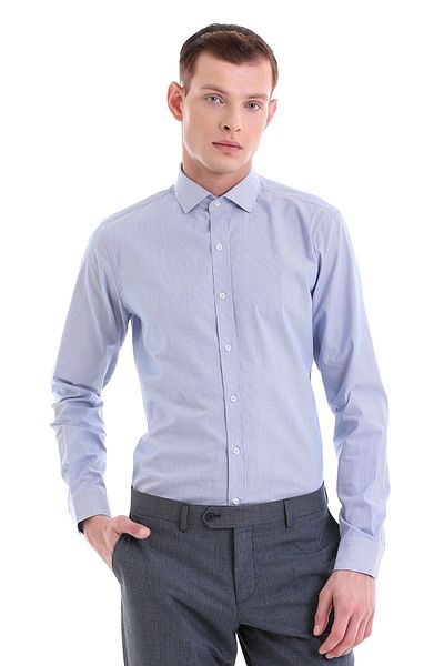 Hatemoğlu Μπλε Comfort Fit μοτίβο 100% βαμβακερό ιταλικό γιακά μακρυμάνικο αθλητικό πουκάμισο