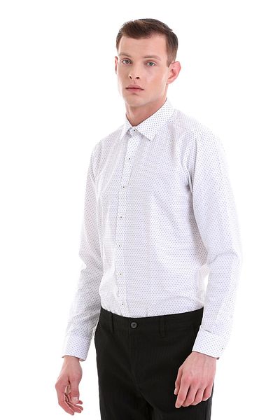 Hatemoğlu Γκρι Slim Fit εμπριμέ βαμβακερό μακρυμάνικο πουκάμισο με λεπτή λαιμόκοψη