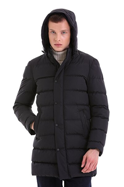 Hatemoğlu Lacivert Slim Fit Hakim Yaka Kapüşonlu Basic Kaban