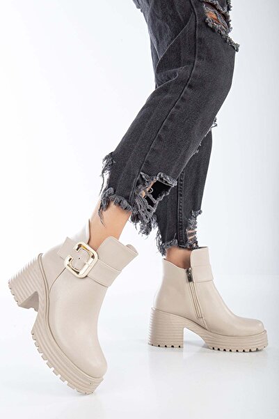 ModaBizde Yüksek Taban Tokatlı Fermuarlı Kadın Bot - Nude
