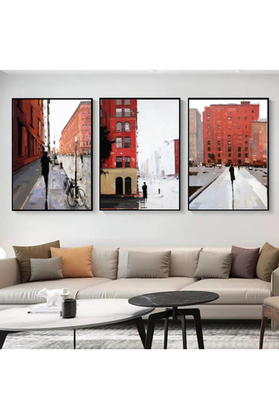 Markazip Siyah Metal Çerçeveli 50x70cm Üçlü Soyut Kanvas Tablo KOD: H40-K