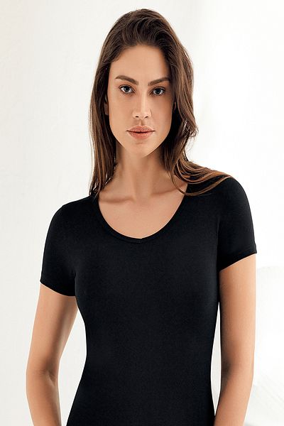 Şahinler Lycra Women's Black Short Sleeve V-Neck Body Mb236-sh