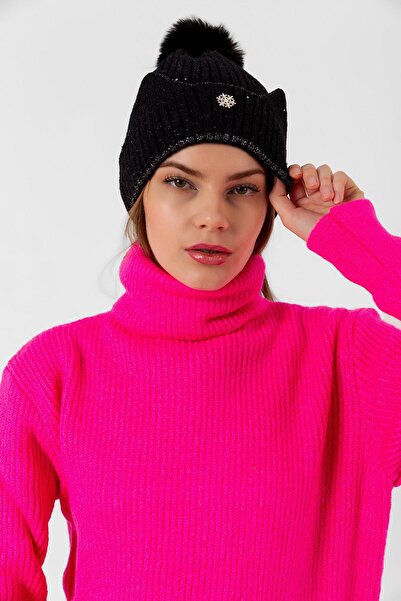 Axesoire 14509 Siyah İçi Polarlı Kar Tanesi Detaylı Tavşan Ponponlu Bere