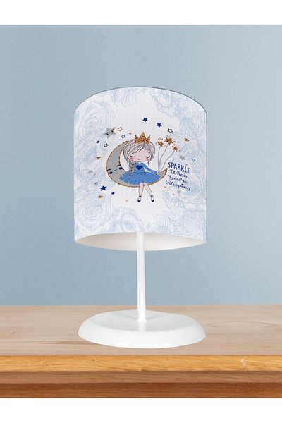 BAMBAŞKA MODA Baby and Kids Room Girl Sitting on the Moon Patterned Blue Motif Lampshade