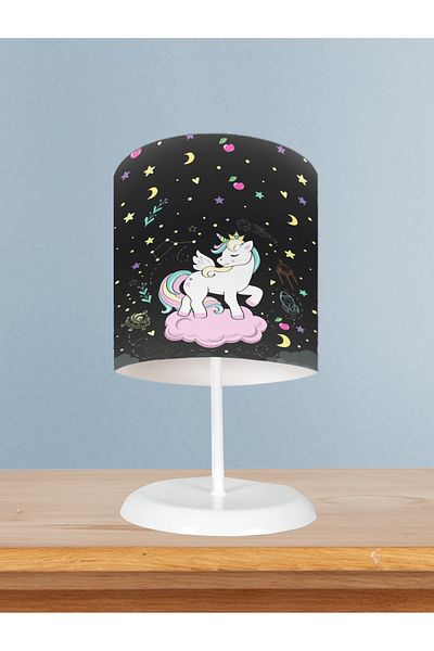 BAMBAŞKA MODA Baby and Children's Room Black Lampshade with Unicorn Pattern on a Pink Cloud