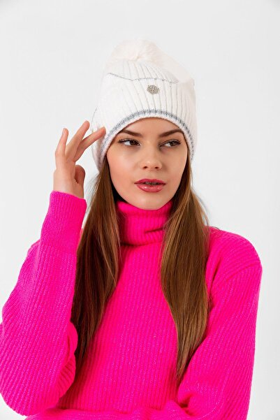 Axesoire 14509 Beyaz İçi Polarlı Kar Tanesi Detaylı Tavşan Ponponlu Bere