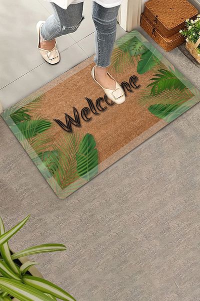 Valerine Life Covoraș de bun venit pentru ușă cu frunze de palmier cu cadru alb 45x70cm