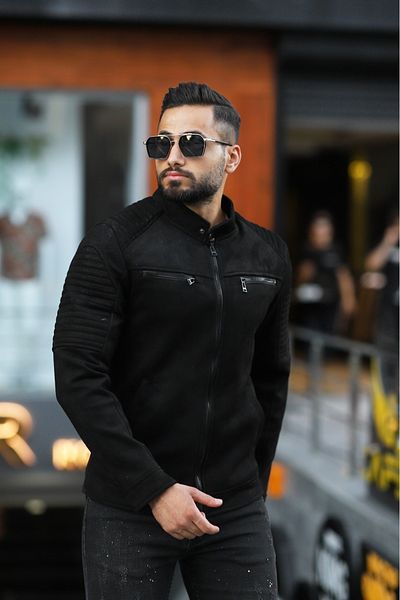 PRİFALDİ Ανδρικό μαύρο γιακά σουέτ Slim Fit μπουφάν