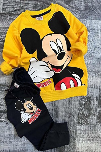 Riccotarz Gelber Jungen-Trainingsanzug mit Mickey-Print, Rundhalsausschnitt und Schleife