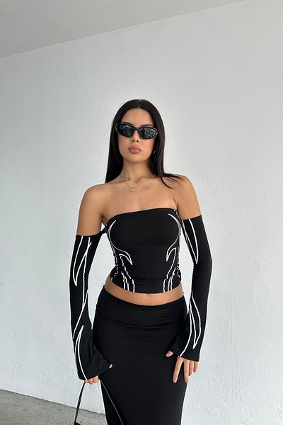World Fashion Trends Bluză flexibilă fără bretele cu mânecă lungă imprimată