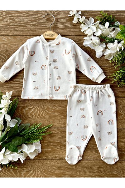 Renkli Puset 2'li Pamuklu Bebek Alt Üst Patikli Pijama Takım Gökkuşağı