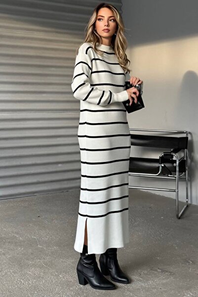 lovebox Knitwear Fabric Wide Oversize Fit Crew Neck Long Sleeve Midi Length Striped Ecru Knitwear Dress 1080