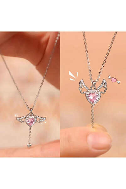 BEŞİKTAŞ KÖSTEBEK Hareketli Kanatlı Kalpli Pembe Taşlı Kadın Çelik Kolye