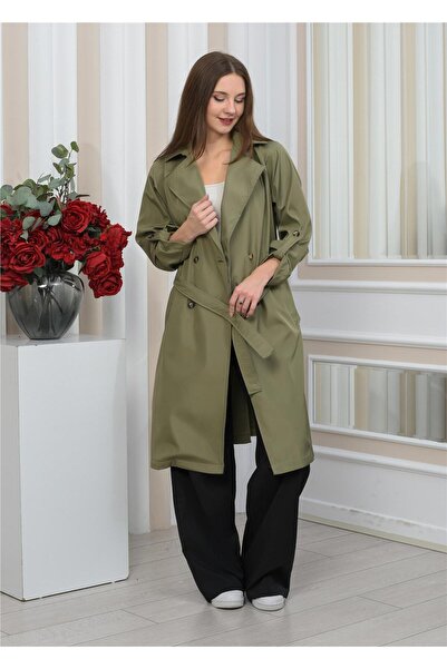 Nuseel Yeni Sezon Oversize Uzun Trençkot SuYeşili