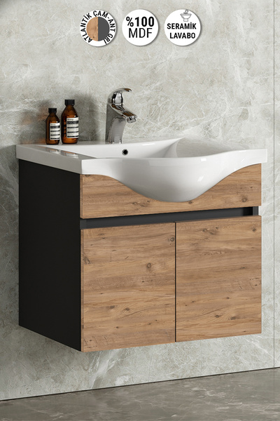 ÖZCEDEN Yıldız 65 cm Antrasit Gri Mat-Atlantik Çam MDF Seramik Lavabolu Asma Banyo Alt Dolabı