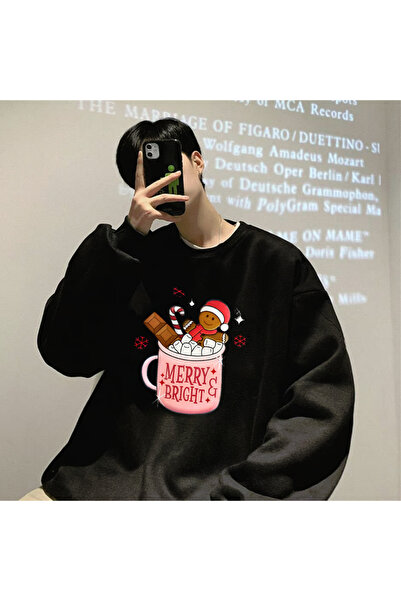 Toum Φούτερ Magnaqia Happy Christmas με εμπριμέ μαύρο Unisex Oversize Crew Ne...