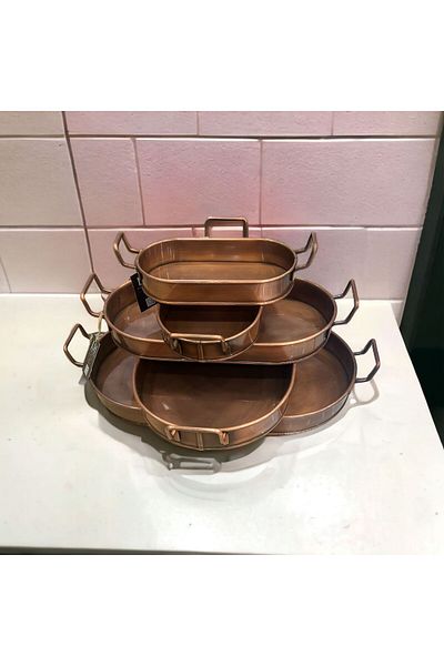 LUCKYHOMES Special Production 5-Piece Spiral Handle Copper Plated Oval Presentation Tray Set (28-32-44-47-55) Cm