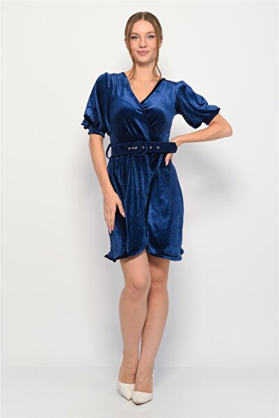 Nuseel Kadife Kruvaze Yaka Kısa Balon Kol Mini Elbise Lacivert