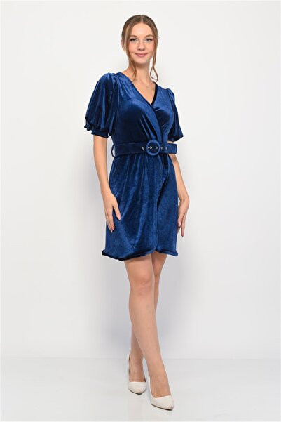 Nuseel Kadife Kruvaze Yaka Kısa Balon Kol Mini Elbise Lacivert