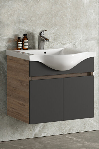ÖZCEDEN Yıldız 55 cm Atlantik Çam-Antrasit Gri Mat MDF Seramik Lavabolu Asma Banyo Alt Dolabı