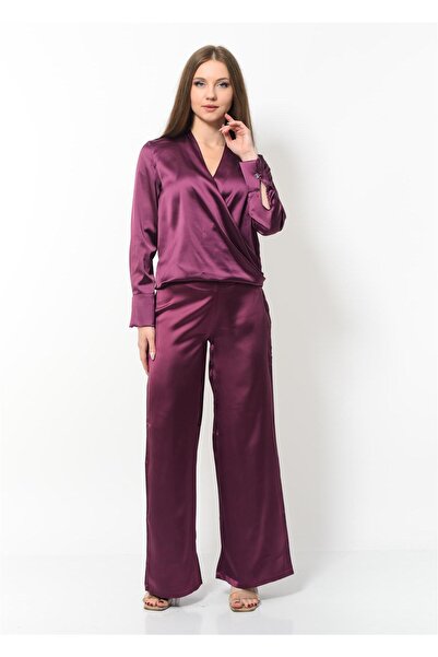 Nuseel بلوزة نسائية من الساتان للموسم الجديد بلون البرقوق مزدوجة الصدر