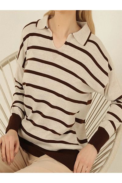 VEGENZE Beige Brown Striped Polo V-Neck Fine Knitwear Sweater