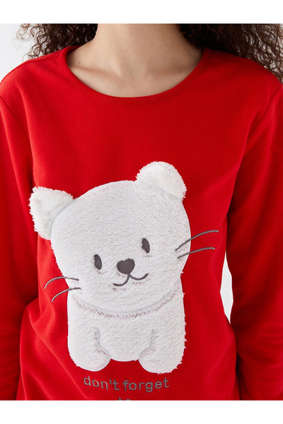 LC Waikiki LCW DREAM Bisiklet Yaka Nakışlı Uzun Kollu Polar Kadın Pijama Takımı