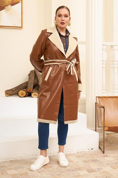 RMG Curly Inside and Leather Outside Plus Size Tan Coat