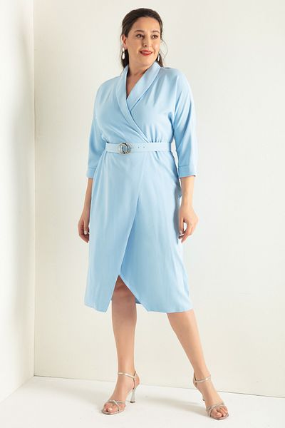 Lafaba Dámské baby blue dvouřadé límcové páskové šaty midi velikosti plus velikosti