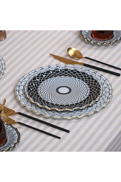Glore Lara Wavy Gold Gilded Glass Cake Plate Set for 6 People