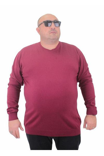 Starbattal Men's Large Size Crew Neck Basic Knitwear Sweater 23750 Claret Red