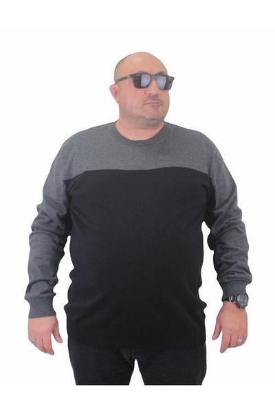Starbattal Men's Large Size Crew Neck Double Color Knitwear Sweater 23751 ANTHRACITE