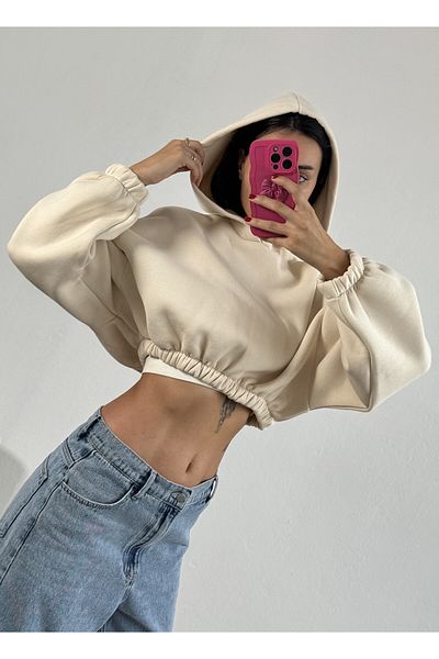 minaaise Wide Cut Ecru Crop Sweatshirt Hooded Hooded - 26260
